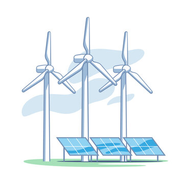 Renewable energy sources, a wind farm with wind turbines and a solar farm with panels . Sustainable development. Vector illustration.