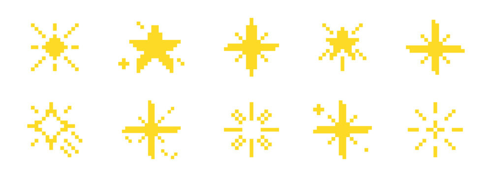 Collection of pixel art starbursts and sparkles in bright yellow