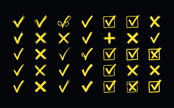 Hand drawn check marks crosses plus and boxes in yellow on black background for confirmation or rejection.