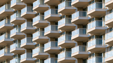 Naklejka premium Abstract architectural pattern of modern apartment building exterior facade featuring repetitive balconies and windows creating geometric shapes and lines