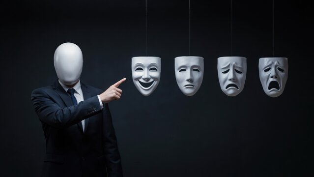 Man with Blank Mask Pointing at Emotional Face Masks on Dark Background