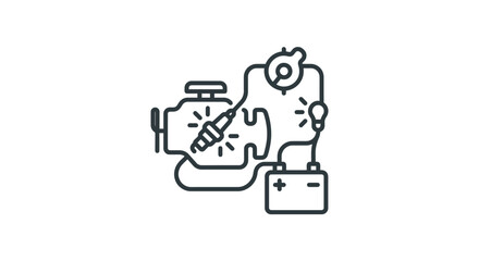 Naklejka premium Line art icon representing an automotive engine ignition system with battery and spark plug.