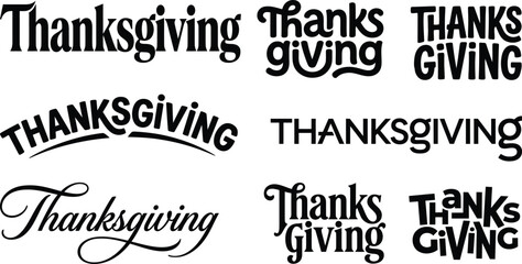 Fototapeta premium Thanksgiving typography variations in different fonts on a white background