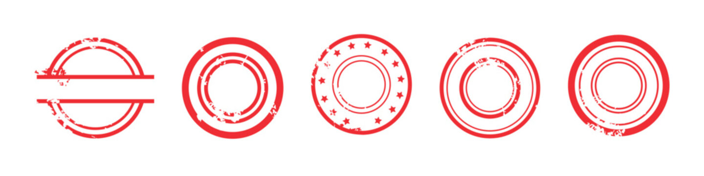 Collection of five distressed red circular rubber stamps with varied designs