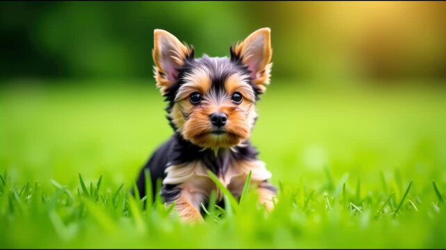 A small black and brown dog sitting in a grassy area