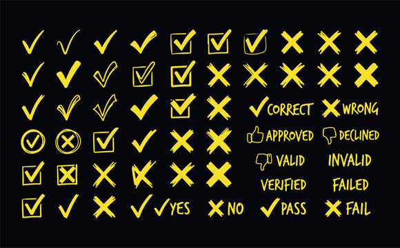 Hand drawn check marks and crosses with text labels for approval and rejection in business and design projects.