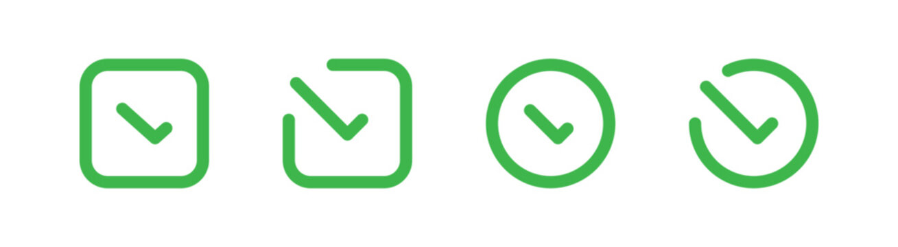 Set of green checkmark icons in square and circle shapes on white background