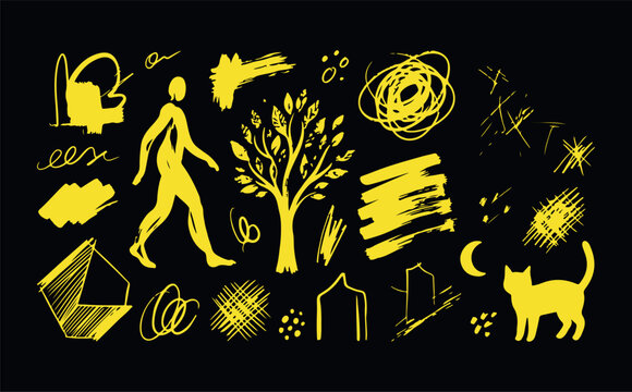 Yellow hand drawn icons of people tree cat abstract shapes and architectural elements for design.