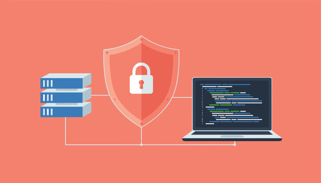 Secure server system is protected by a digital shield and padlock icon to manage coding data and ensure enterprise information safety.