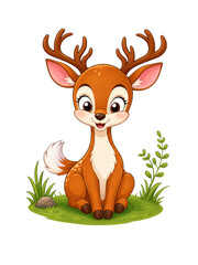 Fototapeta premium Cute cartoon deer sitting on green grass with antlers and a friendly expression