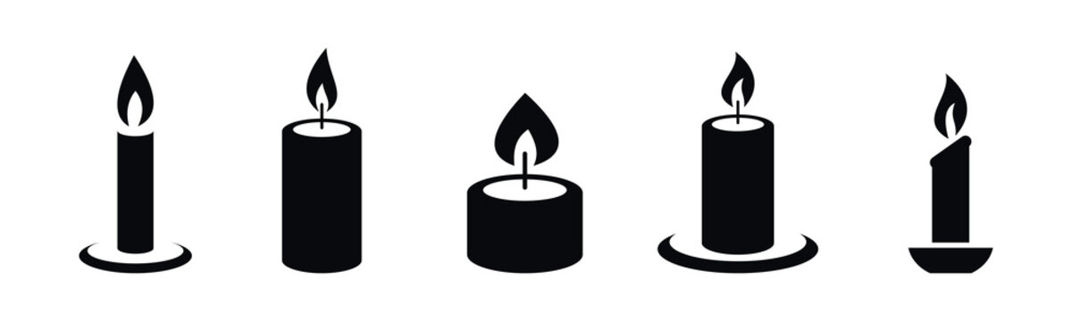 Collection of five different black candle icons with flames burning brightly