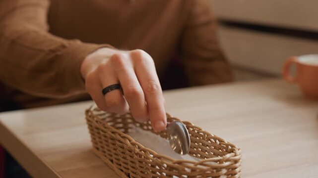 Close up of woman hand holding and placing silverware into woven basket on wooden table. scene features soft lighting warm tones and fine details like texture of wicker material and metal