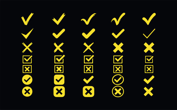 Yellow check marks and crosses in different styles, hand drawn symbols for affirmation and negation on black.
