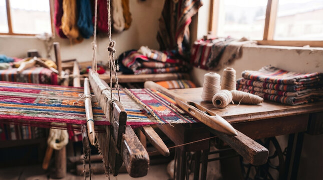 Traditional Hand Loom Weaving Workshop with Colorful Peruvian Andean Textiles and Wool Yarn Spools