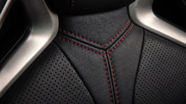 Extreme macro close-up of a luxury sports car interior featuring perforated black leather with precise red stitching and brushed metal accents