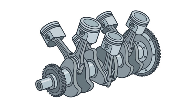 An illustration of an internal combustion engine crankshaft assembly with four pistons and connecting rods.