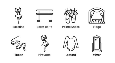 Ballet Icons Set: Ballerina, Barre, Pointe Shoes, Stage, Ribbon, Pirouette, Leotard, Mirror Vector Graphics for Dance and Performance © Zubaraj