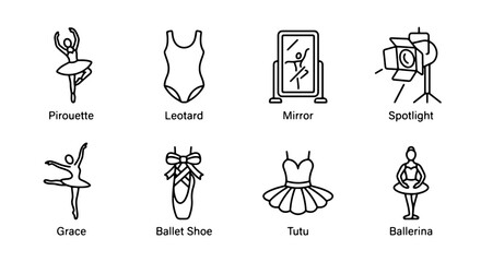 Ballet Icons Set: Graceful Dancer, Tutu, Leotard, Pointe Shoes, Mirror, Spotlight, Pirouette, 8 Vector Elements for Dance Performance and Studio Design © Zubaraj