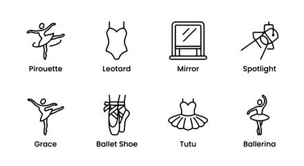 Ballet Icons Set: Pirouette, Leotard, Mirror, Spotlight, Grace, Ballet Shoe, Tutu, Ballerina Vector Graphics © Zubaraj