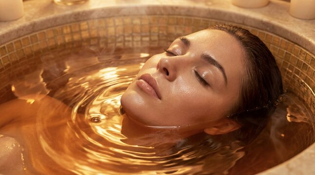Woman relaxing in a warm bath with closed eyes, skin reflecting the light. Concept of wellness, spa treatment, and self care for beauty.