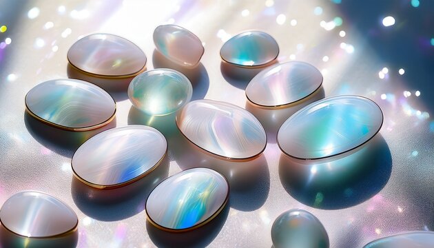 Opalite Gemstones Shimmering In Iridescent Soft Pastel Colors On White Shiny Glittering Background Surface Flat Lay With Polished Milky White Opal Moonstones In Oval Shape