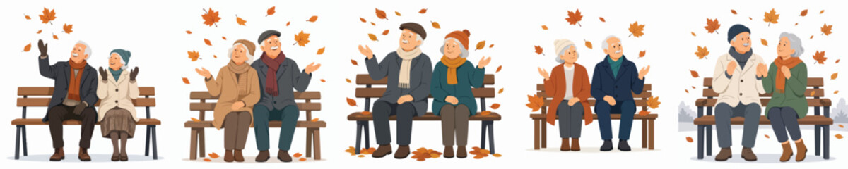 Fototapeta premium Flat vector illustration of old couple sitting together on bench park enjoying the falling dry autumn leaves