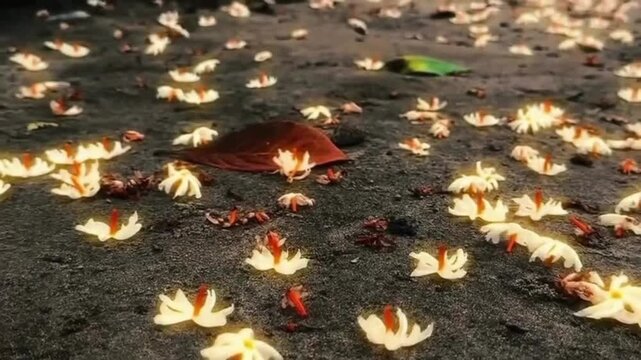 Fresh Autumn Morning Scene with Fallen Night-Blooming Jasmine Blossoms