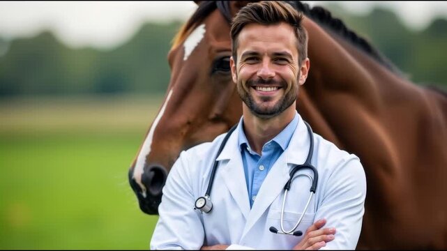 A man in a lab coat stands next to a horse, ready for a unique collaboration