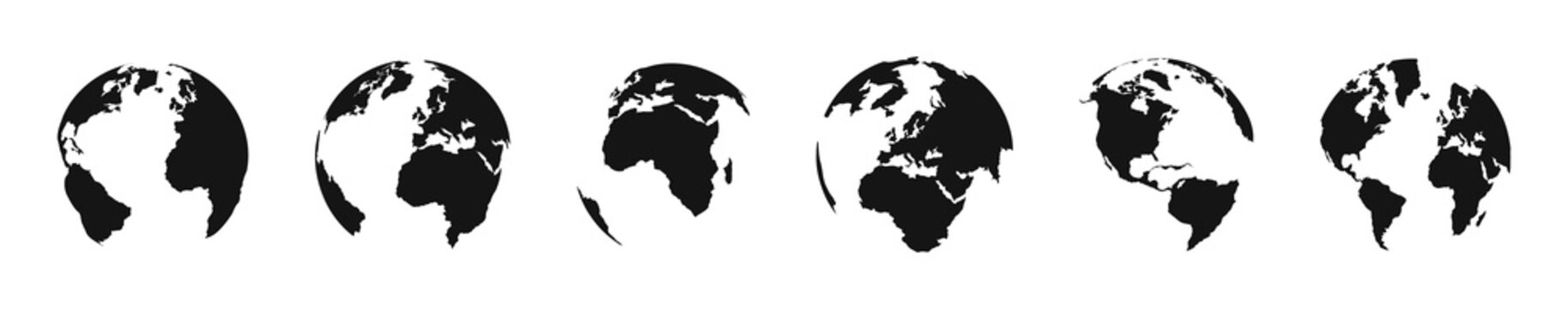 Collection of stylized black earth globes showing different continents and perspectives