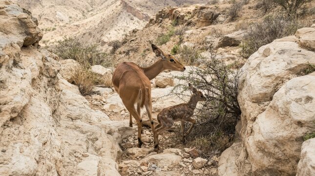 Antelope Mother and Calf in Arid Landscape: A mother antelope and her young calf navigate a rugged, rocky terrain in a dry, desert-like environment.