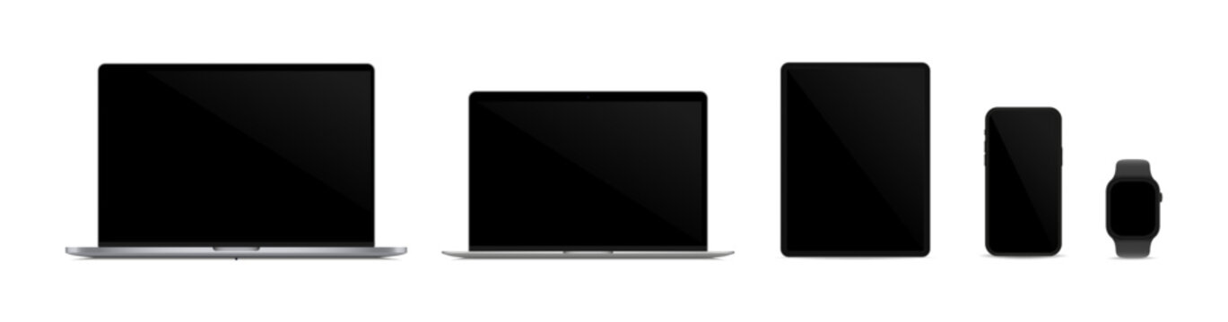 Collection of modern electronic devices including laptops, tablet, smartphone, and smartwatch