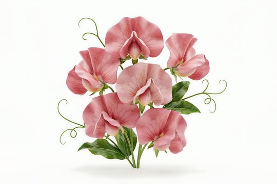 3D Cartoonish Pink Sweet Pea Flower Cluster with Delicate Petals and Textured Green Leaves Isolated on White Background