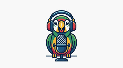Fototapeta premium Vector illustration of a colorful cartoon parrot wearing headphones and speaking into a professional condenser microphone, isolated on a white background for podcast and radio mascot.