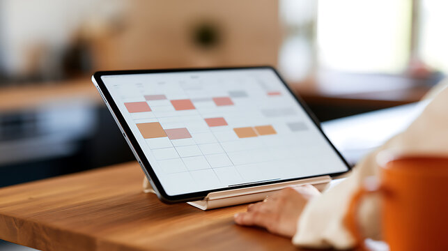 Digital tablet display of a weekly planner schedule on a wooden desk inside a bright home office setting for remote project management