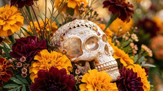 Dia de los Muertos Altar: A decorated sugar skull adorned with intricate details rests amidst a vibrant arrangement of marigolds and dahlia flowers, embodying the spirit of the Day of the Dead.