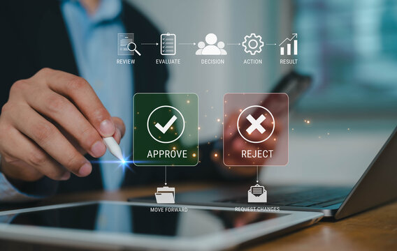 Business professional reviewing and evaluating decisions with approve and reject icons, illustrating workflow management, document review, risk assessment, decision making, approval and results.