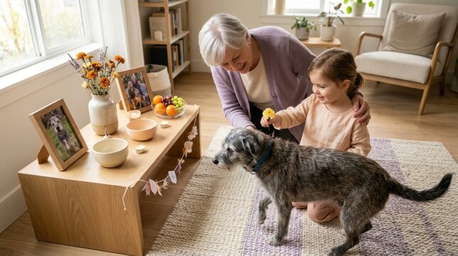 Intergenerational Bond: A tender moment unfolds as a grandmother and granddaughter bond with their beloved dog in a cozy, sunlit living room, surrounded by cherished family photos.