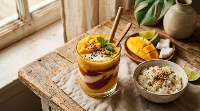 Mango Smoothie Bowl: A vibrant and refreshing mango smoothie bowl, layered with creamy yogurt and topped with fresh fruit and seeds.