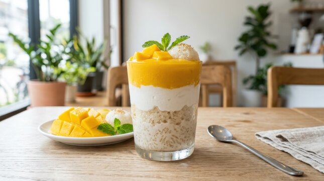 Tropical Mango Delight: A layered glass of creamy mango smoothie, topped with fresh mango chunks and mint, sits on a wooden table, inviting a taste of paradise.