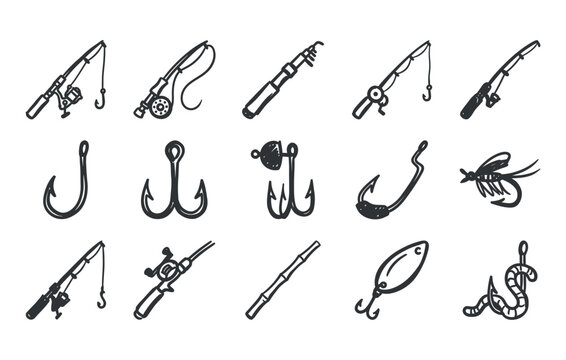 Catching fish equipment artwork made through simple line drawings of telescopic rods fly lures spinning reels and traditional hooks