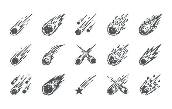 Comet and falling meteorite symbol set displaying outer space astronomy elements burning space rocks and universe illustrations