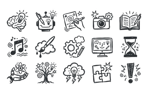 Content creation and design vector assets created through simple line drawings of cameras writing notebooks music notes and digital brainstorming