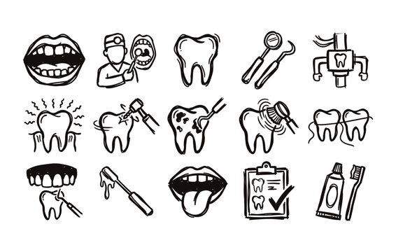 Dental treatment and oral health symbols set displaying tooth extraction prevention tools medical checkup clipboard and illustrations