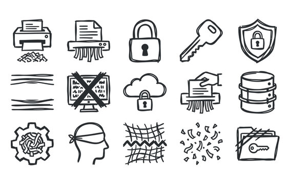 Document shredder and data security vector collection featuring paper destruction locks keys and privacy protection icons in sketch style