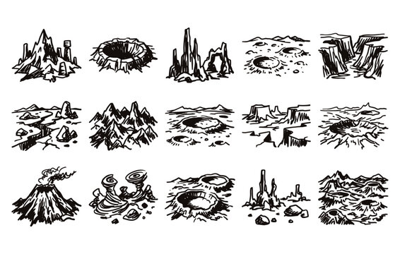 Doodle style space landscape collection with craters volcanoes and rocky formations for futuristic game design and cosmic illustrations