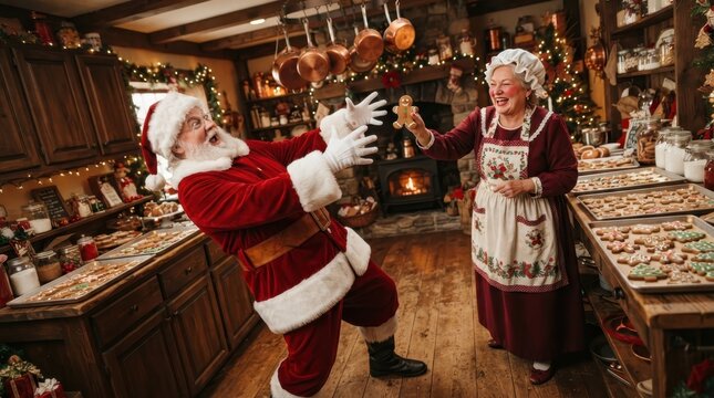 Santa and Mrs Claus Baking Cookies: A heartwarming scene of Santa Claus and Mrs Claus joyfully baking festive Christmas cookies in a cozy, rustic kitchen.