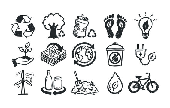 Drawn outline art showcasing green ecology concepts earth preservation carbon footprint reduction organic gardening and clean energy vector assets