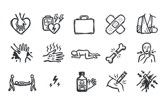 Emergency medical care doodle elements showcasing first aid procedures CPR chest compressions broken bones and poisoning warnings drawn by hand