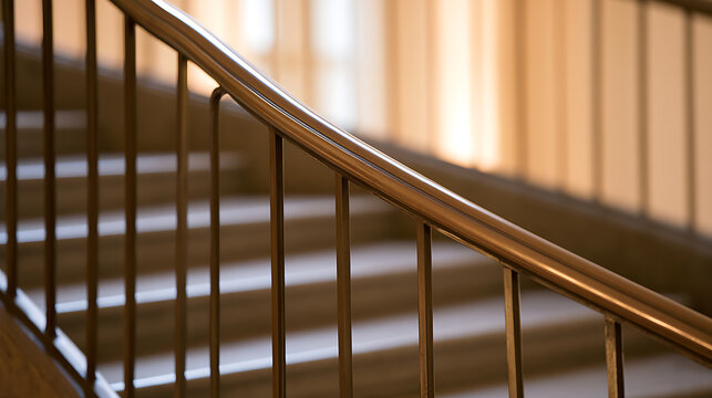 A close up view of a metal handrail along a staircase in a modern building with warm light, elegant lines, and soft focus background details