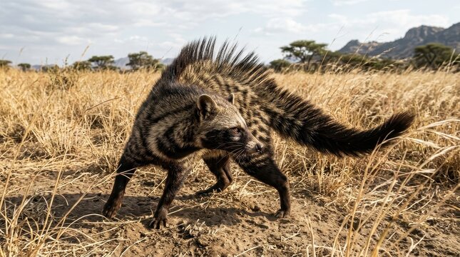 African Civet in Savannah: A wild African civet with distinctive markings and a bushy tail prowls through dry, grassy savannah landscape under a clear sky.